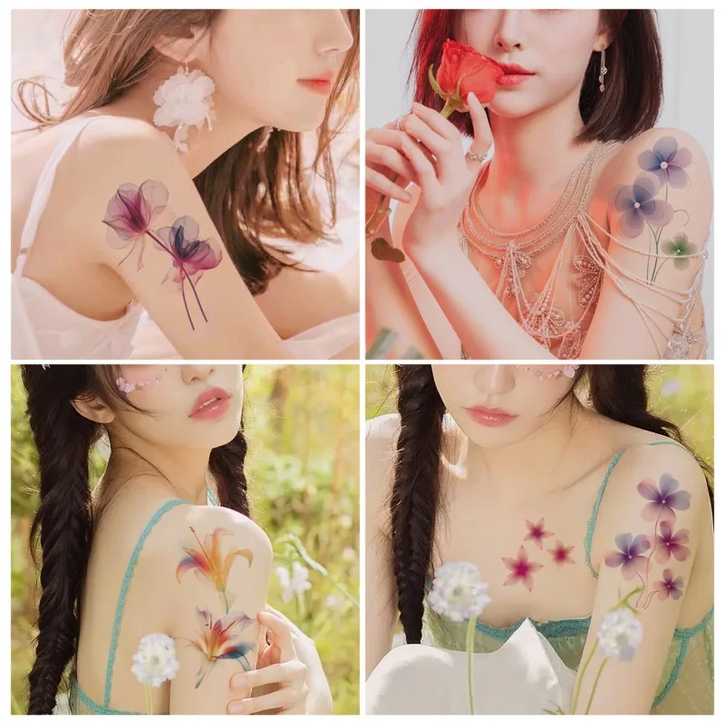 Dreamy Watercolor Gradient Flower Tattoo Temporary Sticker Disposable Party Makeup Body Art Festival Accessories Waterproof