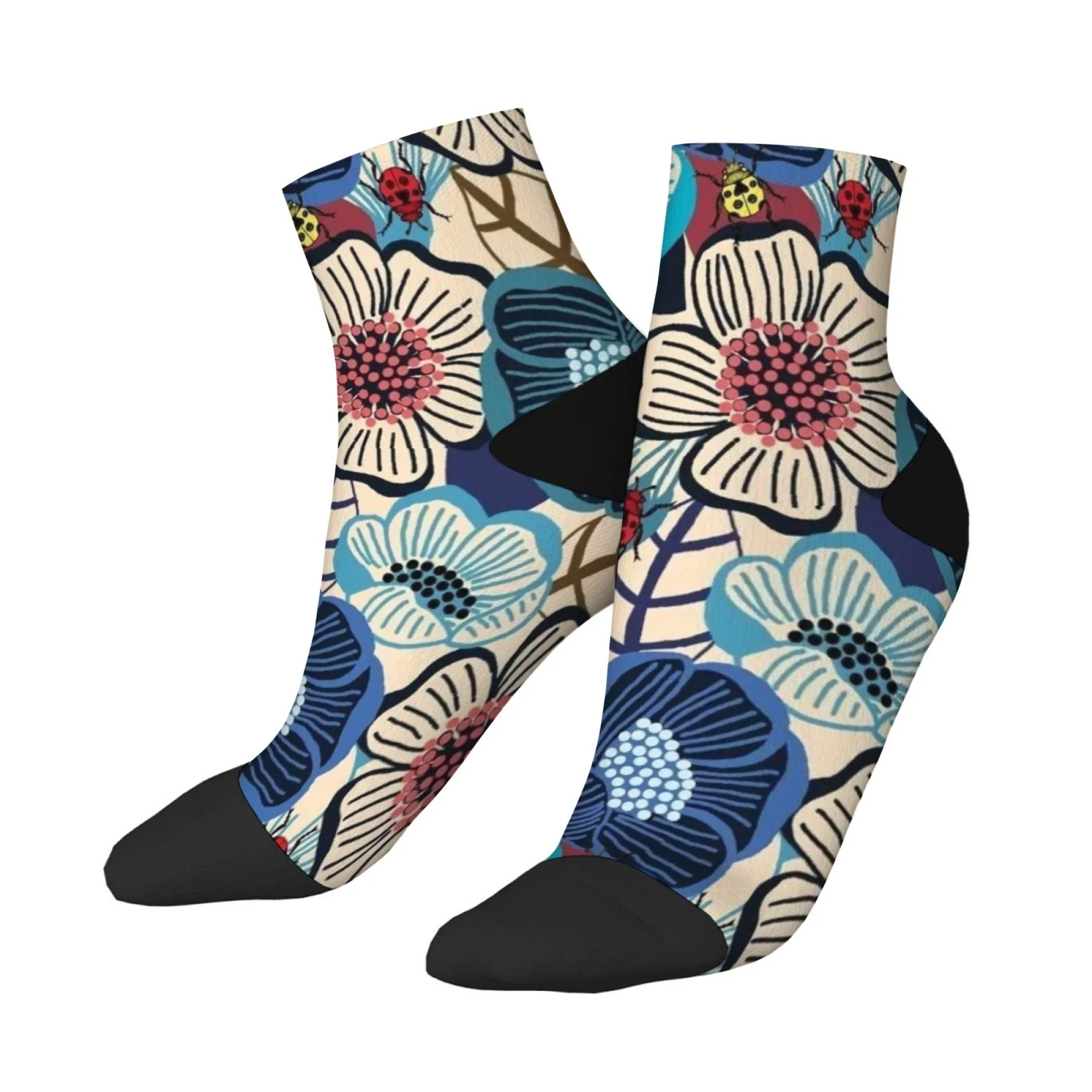 Crazy Happy Kompressionssocken Blumen- und Marienkäfer-Thema kurze Socken Neuheit lustige Socken Hip Hop lässig Harajuku-Stil Geschenk