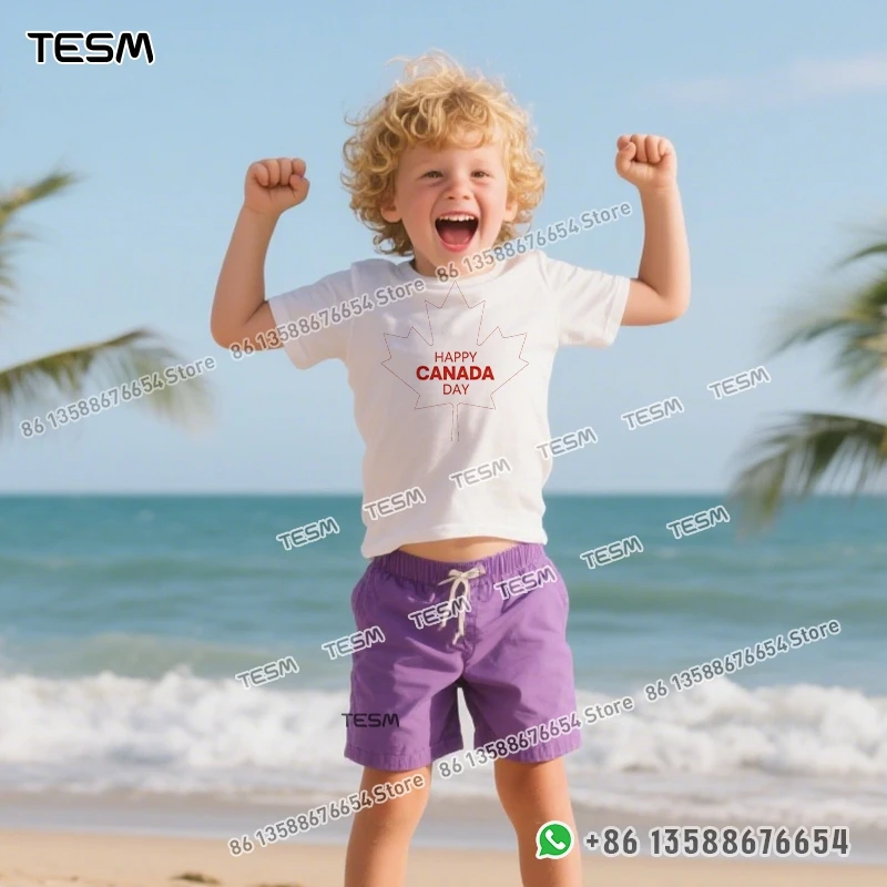 TESM 100% Pure Cotton Yellow T - Shirt, Canadian Maple Leaf Print Parent - Child & Couple Festival Short - Sleeve Top
