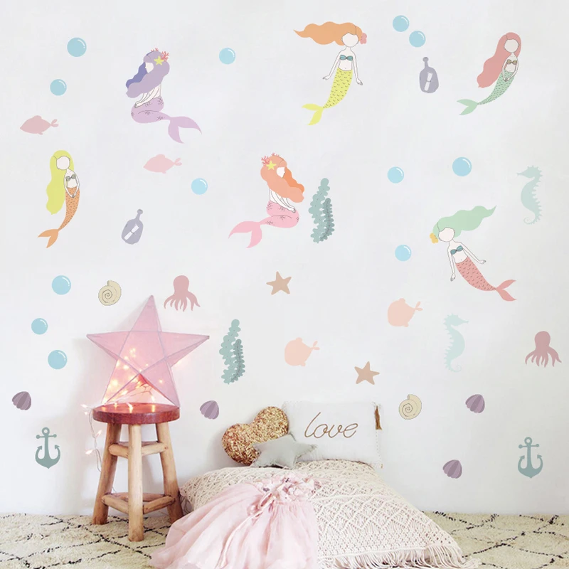 6sheets/set Beautiful Mermaid Wall Sticker Shiny Colorful Wall Decal Cute Decoration for Baby Girl Kids Child Room Home Decor PA