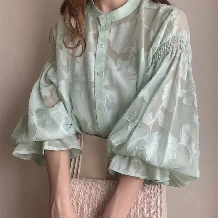 일본 라쿠텐 여름 신상 플로럴 자카드 랜턴 슬리브 투명 셔츠