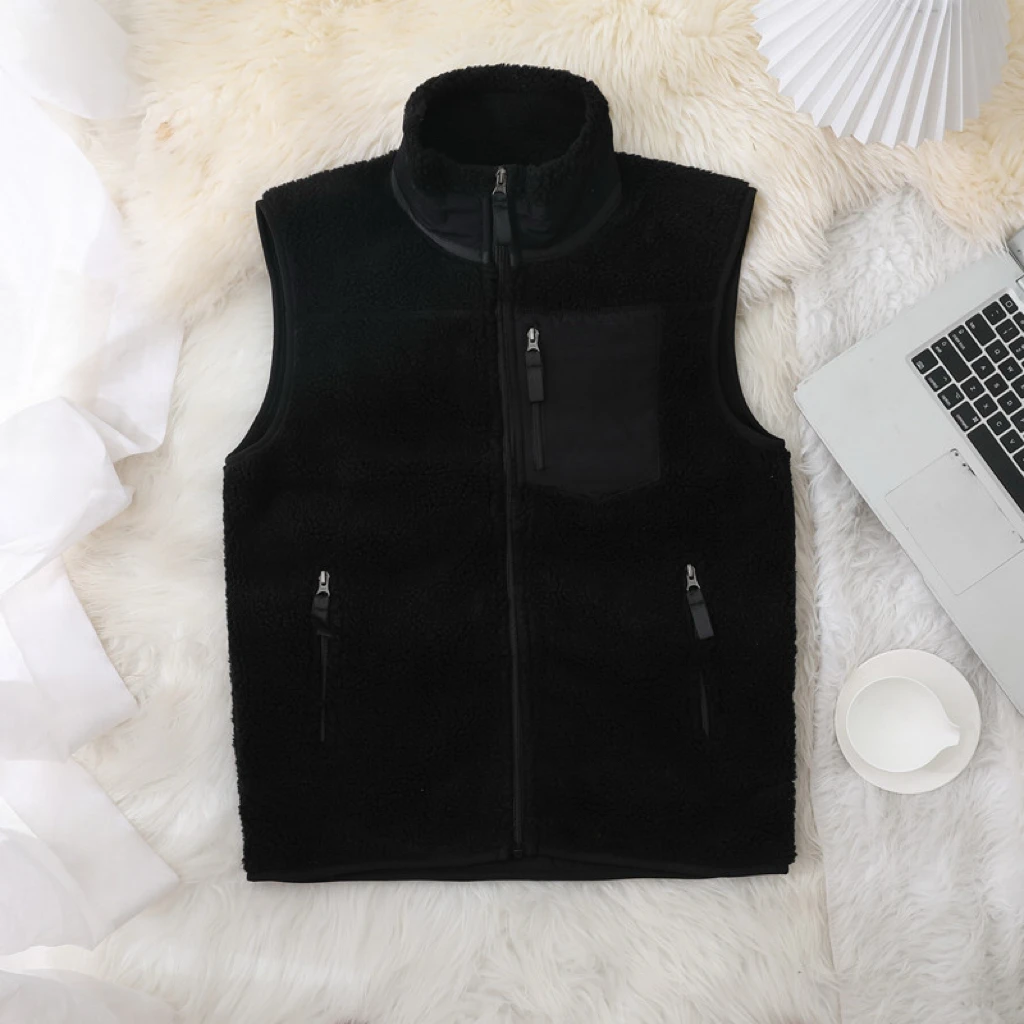 Vintage Fleece Stand Collar Warm Lambskin Vest for Men Sleeveless Unisex Autumn Winter Sports Jackets Outdoor Wear Men Jacket