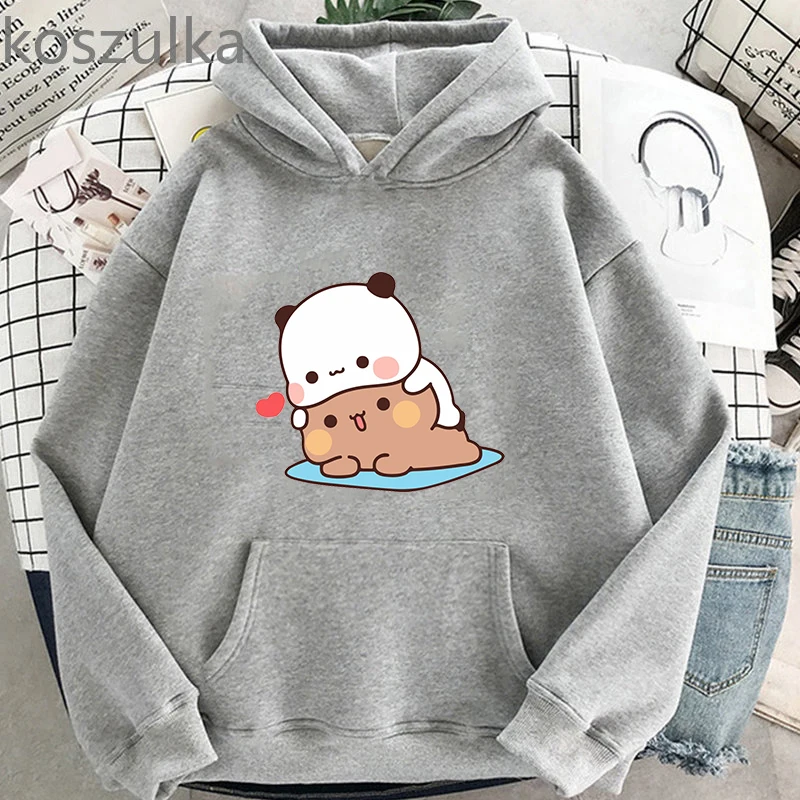 Bubu Dudu hoodie wanita, pakaian jalan Unisex, Hoodie tudung Harajuku gaya Korea cetak beruang Panda untuk perempuan