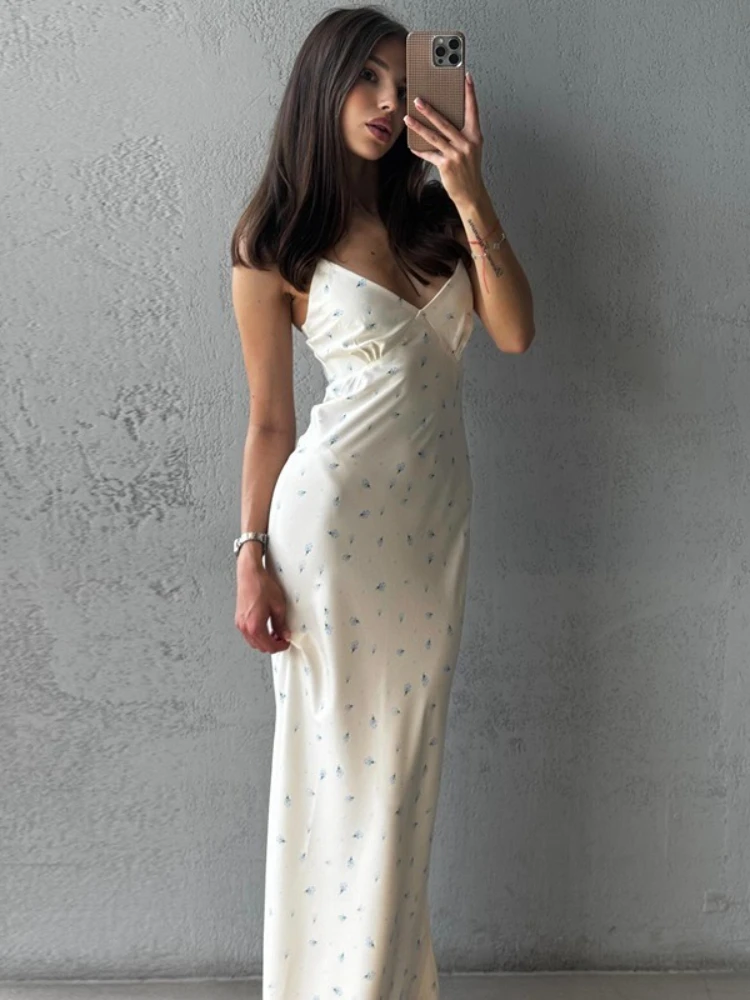 FDYOUI 花柄プリントロングドレス レディース Y2K ストリートウェア 2025 夏 ノースリーブ Vネック ハイウエスト スリット入り バケーション パーティー ドレス