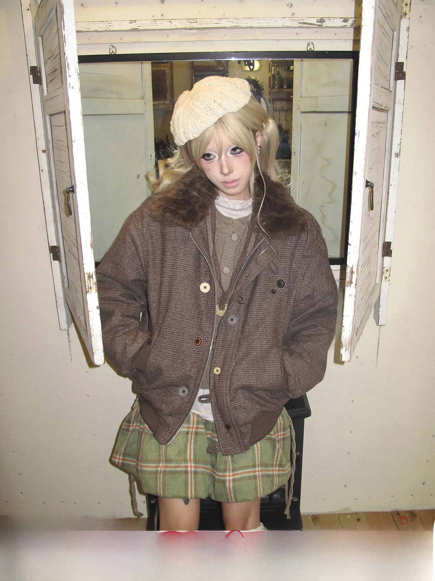 

Retro Brown Fur Collar ort Jaet Women's Winter Warm Thiened Cotton Coat American Sle Vintage Japanese Sle Cotton Cl...