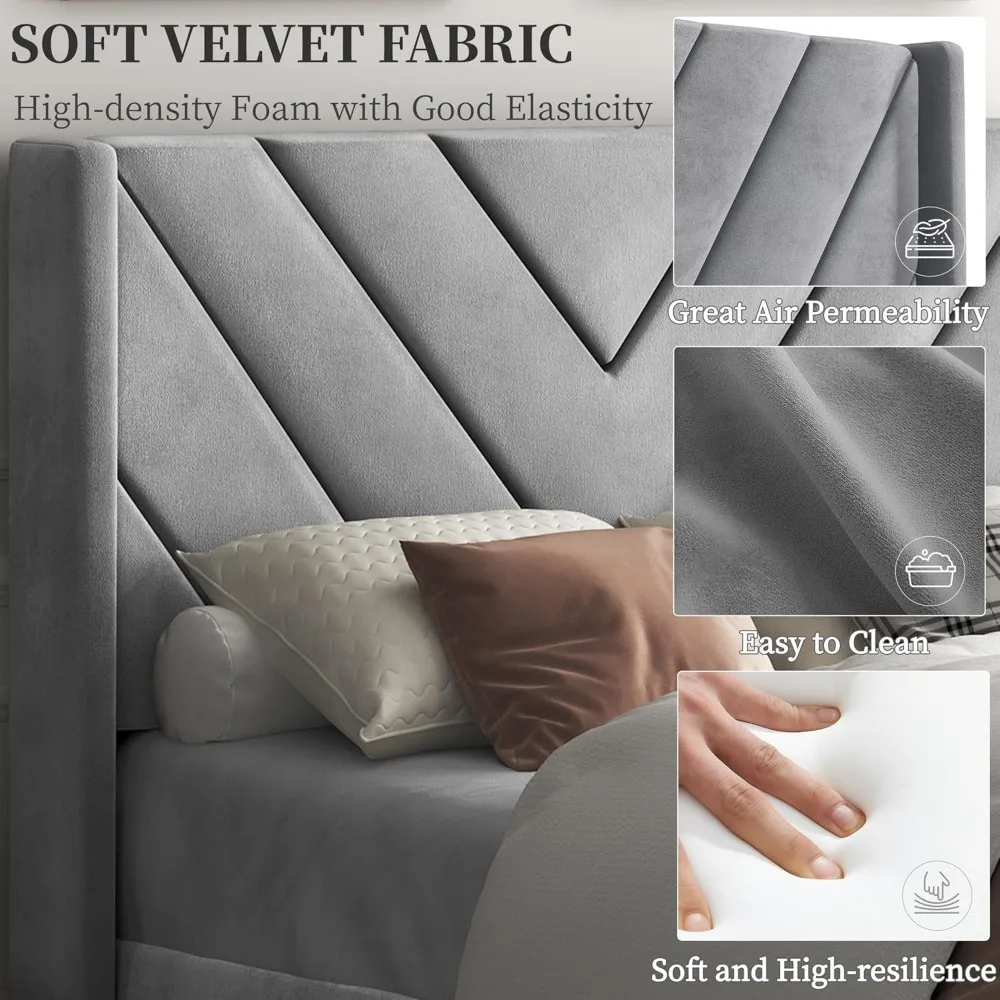 سرير Yaheetech بمنصة منجدة مزدوجة الحجم مع جوانب جناح ودعم شرائح خشبية ولوح رأسي معنقدة وأساس مرتبة