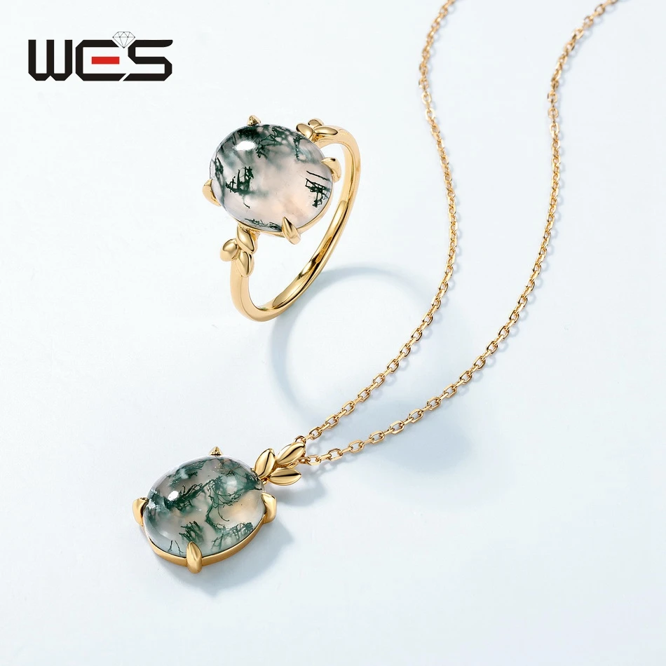 WES فريد البيضاوي 10*12 مللي متر العقيق الطحلب الطبيعي خواتم للمرأة 925 الفضة خمر غرامة مجوهرات مطلية بالذهب هدية الخطوبة بالجملة #6