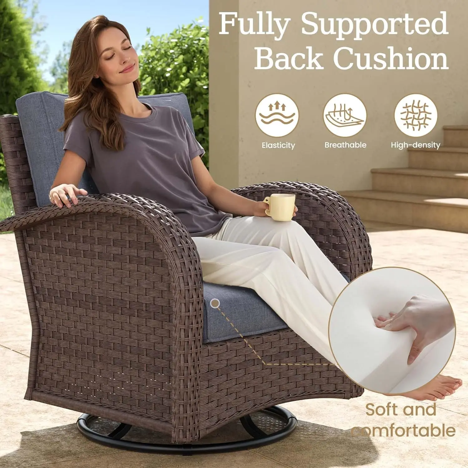 طقم أثاث فناء من الخيزران مكون من 6 قطع، مجموعة محادثة خارجية فاخرة مع كراسي هزازة دوارة عالية الظهر