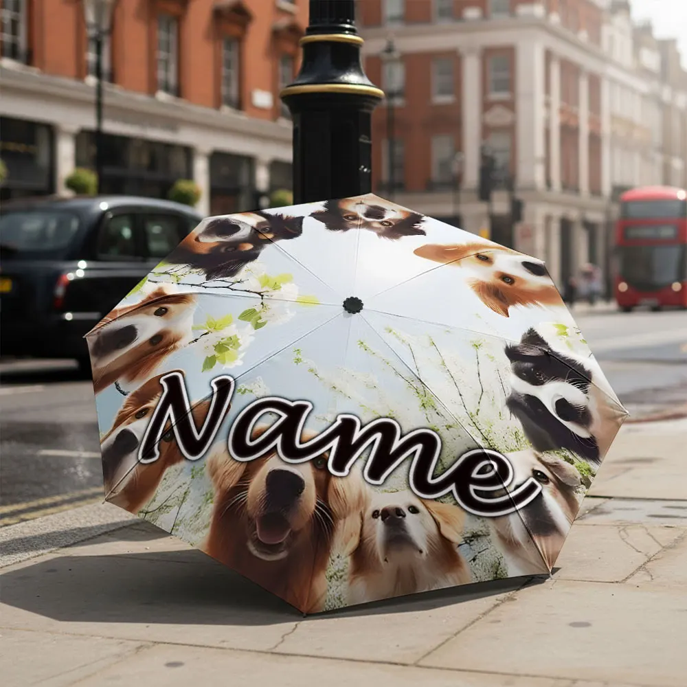 Custom Name Umbrella Multiple Dogs Looking Down From Above With Cherry Blossom Sky Print Folding Umbrella For Dog Lovers,Gift