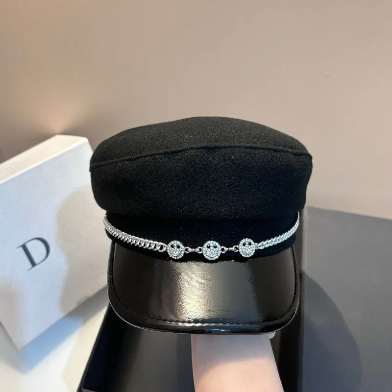 

​​Winter Wool Felt Newsboy Cap Women Chain Smiley Patch Adjustable Winter Warm Luxury Vintage Octagon Hat Free Shipping​​