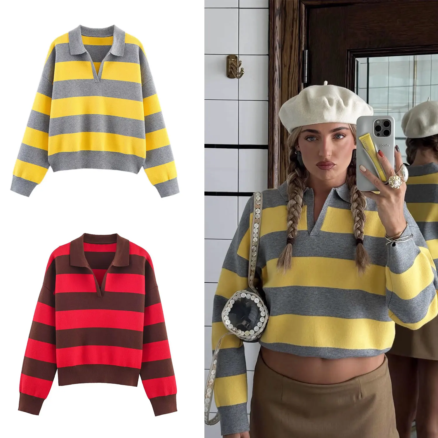 

HH 2025 Female Autumn Causal Striped Knitted Pullover Long Sleeves Turn Down Collar Loose Simple Sweater Women's Cozy Tops