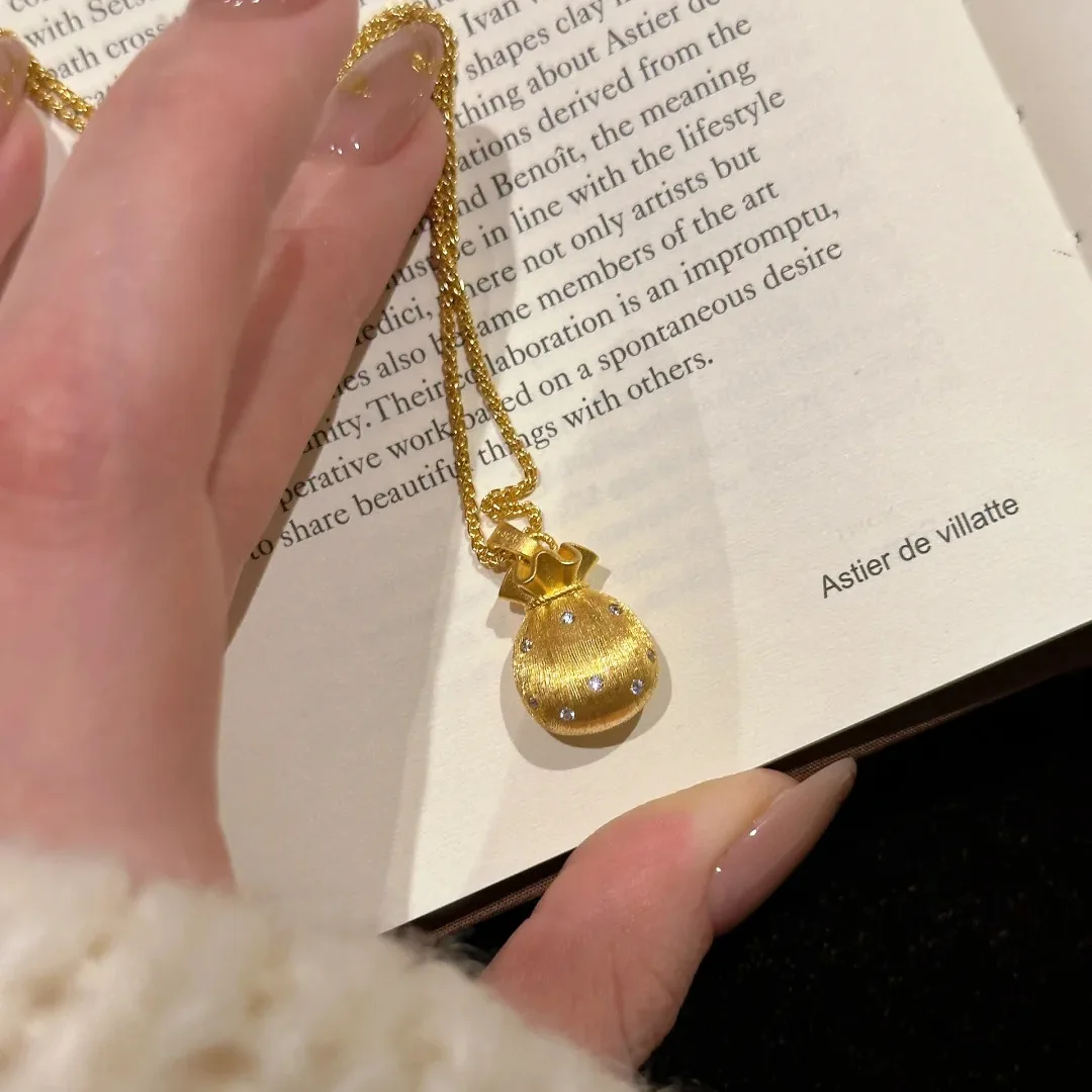 Retro Exquisite 3D Lucky Bag Gold Color Pendant Inlaid Small Zircon Necklaces Clavicle Chain For Women Cute Neck Accessories