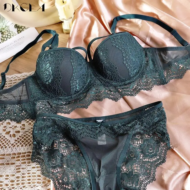 Clearance Sexy Lingerie Lace Push Up Bra Set Thick Brassiere Bandage Green Brand Women Underwear Set Size 70A 70B 70C 75A 80A