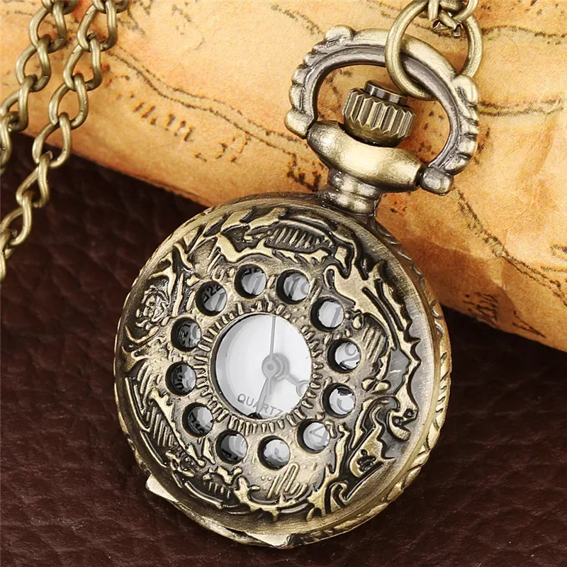 Bronze Hollow Out Case Men Women Quartz Analog Pocket Watch with Sweater Chain Arabic Number Dial Clock Half Hunter Timepiece