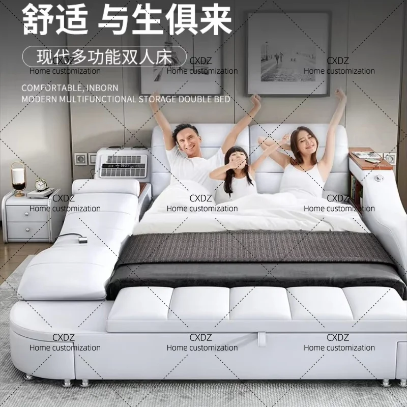 XX Style Bed Modern  Wood Massage Bed Leather Comferter Lit Multifonctionnel Luxury Bedroom Set Furniture