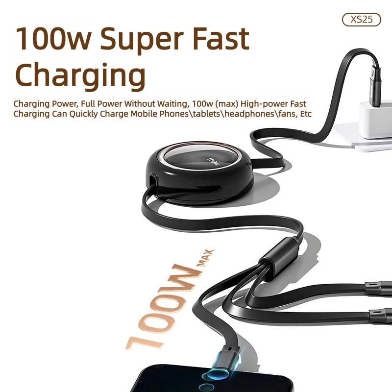 Newmine 100W 3 In 1 Retractable Fast Charger Data Cable 1.2 Meters Charging Portable Micro USB Type C For iPhone Samsung Huawei