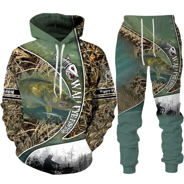 Animal Fish Hunting Camo 3D Printed Hoodie+pant 2Pc Set Harajuku Unisex Cool Tracksuit Fashion Hip Hop Streetwear Clothing Suit