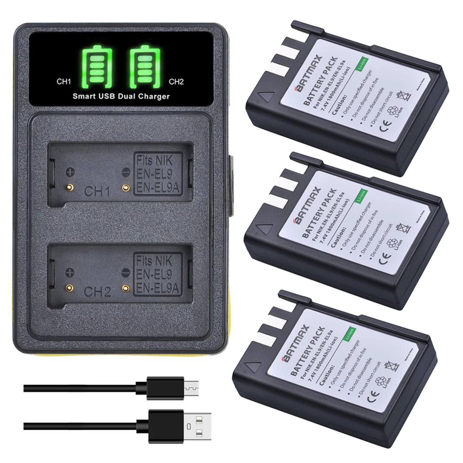 Batmax 1800mAh EN-EL9 EN-EL9a EN EL9 Battery+LED USB Dual Charger for Nikon EN-EL9a D40 D60 D40X D5000 D300 L15