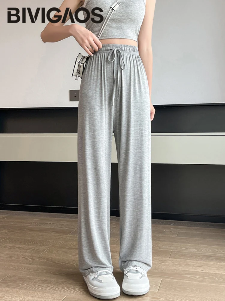 BIVIGAOS Women Summer Gray Ultra-Thin Modal Wide Leg Pants Elastic Loose Casual High Waist Dance Pants Home Sunscreen Pants