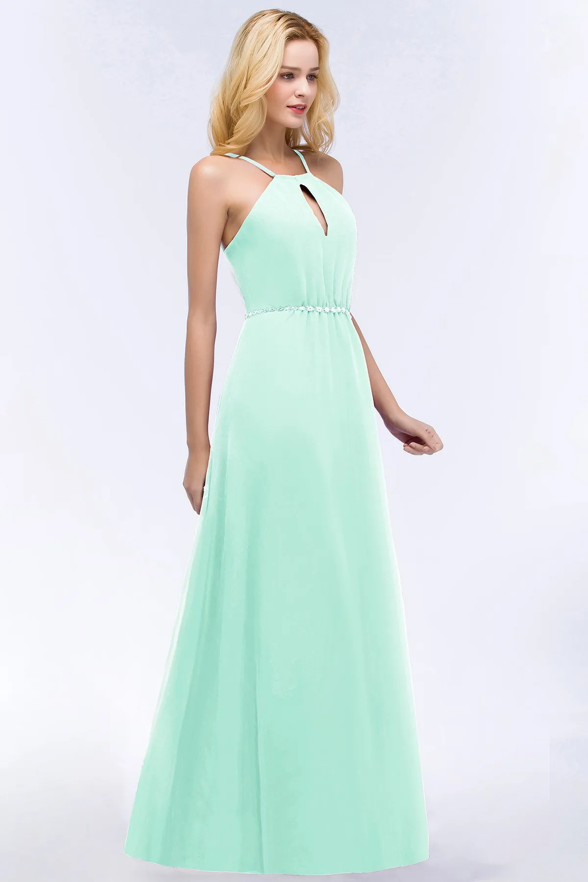 Sexy Halter Long Evening Dresses Crystal Belt Chiffon Maxi Women Formal Bridesmaid Party Prom Gowns CPS862