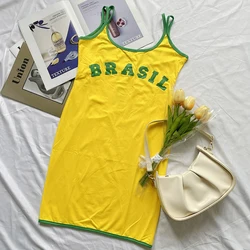 Y2k Aesthetics Brazil Letter Mini Sexy Women Dress Party Club Spaghetti Bandage Sleeveless Dresses Robe Backless Suspender Skirt