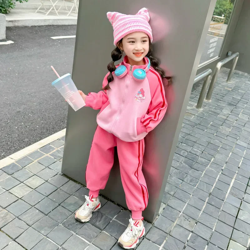 Anime Sanrio Cartoon Kuromi Print Clothing Sets for Children Girls Jacket + Long Pants 2piece Autumn Baby Kids Teen Holiday gift