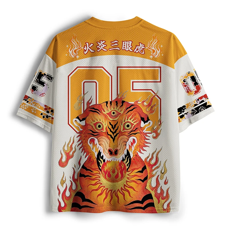 V-neck T-shirt, Japanese Ukiyo-e Three Eyed Flame Tiger, Cherry Blossom Print, Harajuku Streetwear, Unisex Retro, Adult,Children