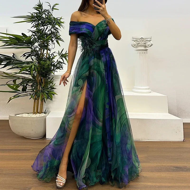 

New Summer Mesh Printed Lady Evening Dress Fashion Strapless Slim Fit Split Party Dress 2025 Casual Pleats Women's Long Dresses