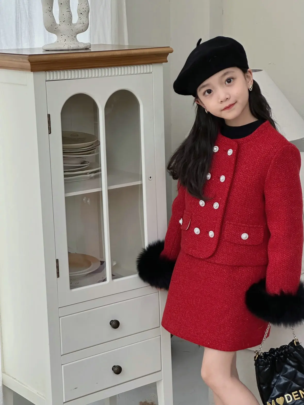 design Autumn Winter baby Girl Clothes Set Fur cuff round neck coarse woolen cotton jacket+skirt 2pcs christmas kid suit outfits