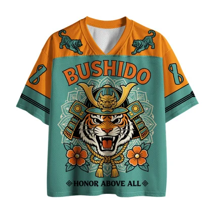 V Neck Mesh Short Sleeve Jersey, Japanese Samurai Tiger Bushido Print Tee, Retro Ukiyo-e Art Casual Loose Top For Daily Wear
