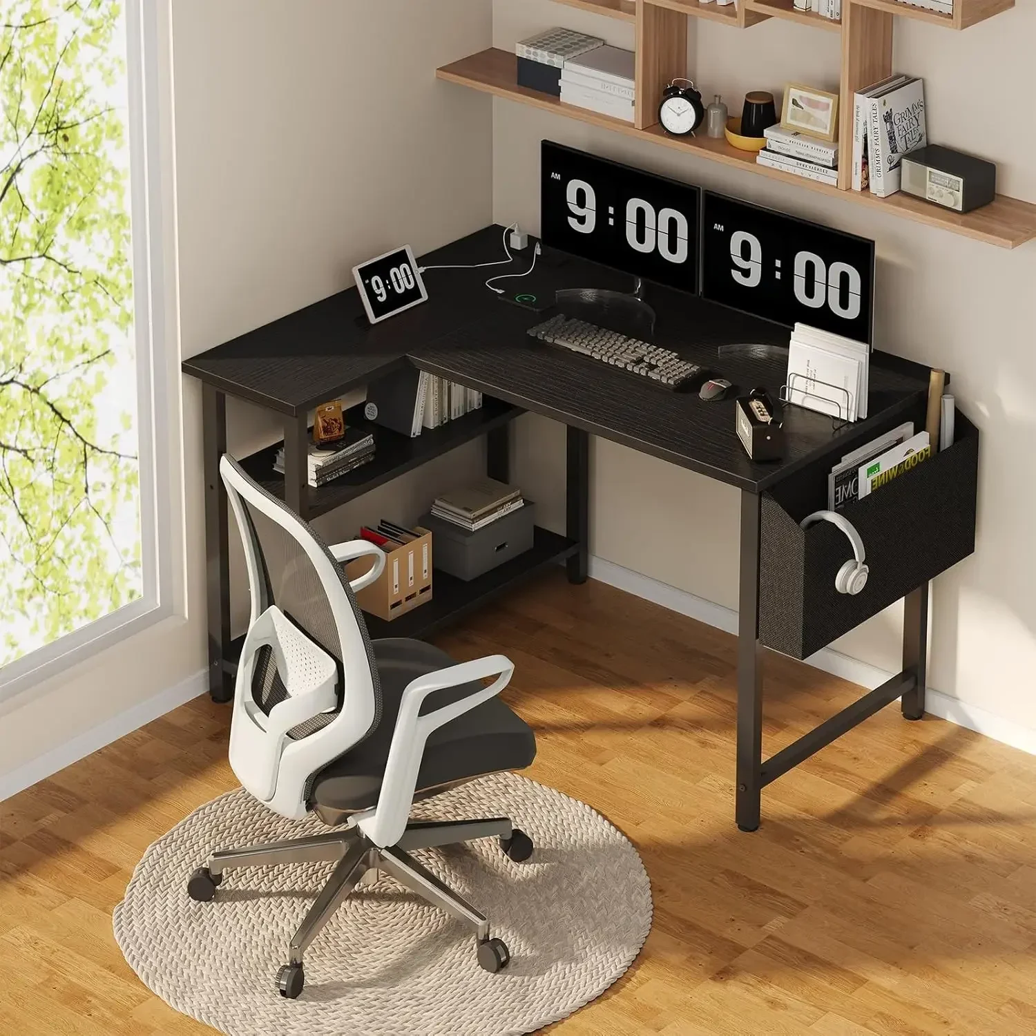 DLisiting Black L Shaped Gaming Computer Desk with Power Outlet Shelves, 40 Inch Small Corner Desk for Small Space Home Office,