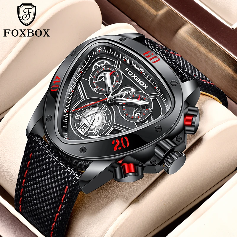 FOXBOX Fashion Luxury Quartz Man Watch Creative Big Dial Chronograph Nylon Strap Casual Sport Triangle Men\'s Watches Date Clocks