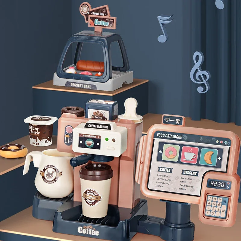 Pretend Play Shopping Cash Register Toys For Children Gift Kids Coffee Machine Kitchen Toy Set Simulation Food Bread Coffee Cake