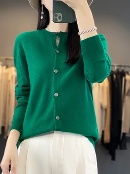 Merino Wool Cardigan Sweater 2 100% Merino Wool Sweater Women O-Neck Cardigan Basic Style Buttoned Knitwear Female Casual Autumn Winter Soft Tops 2