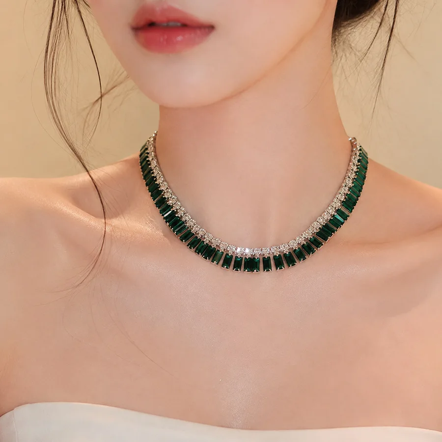Vintage Sparkling Zircon Geometric Square Tassel Necklace, Light‑Luxury Women Clavicle Chain Luxury Evening Party Neck Jewelry G