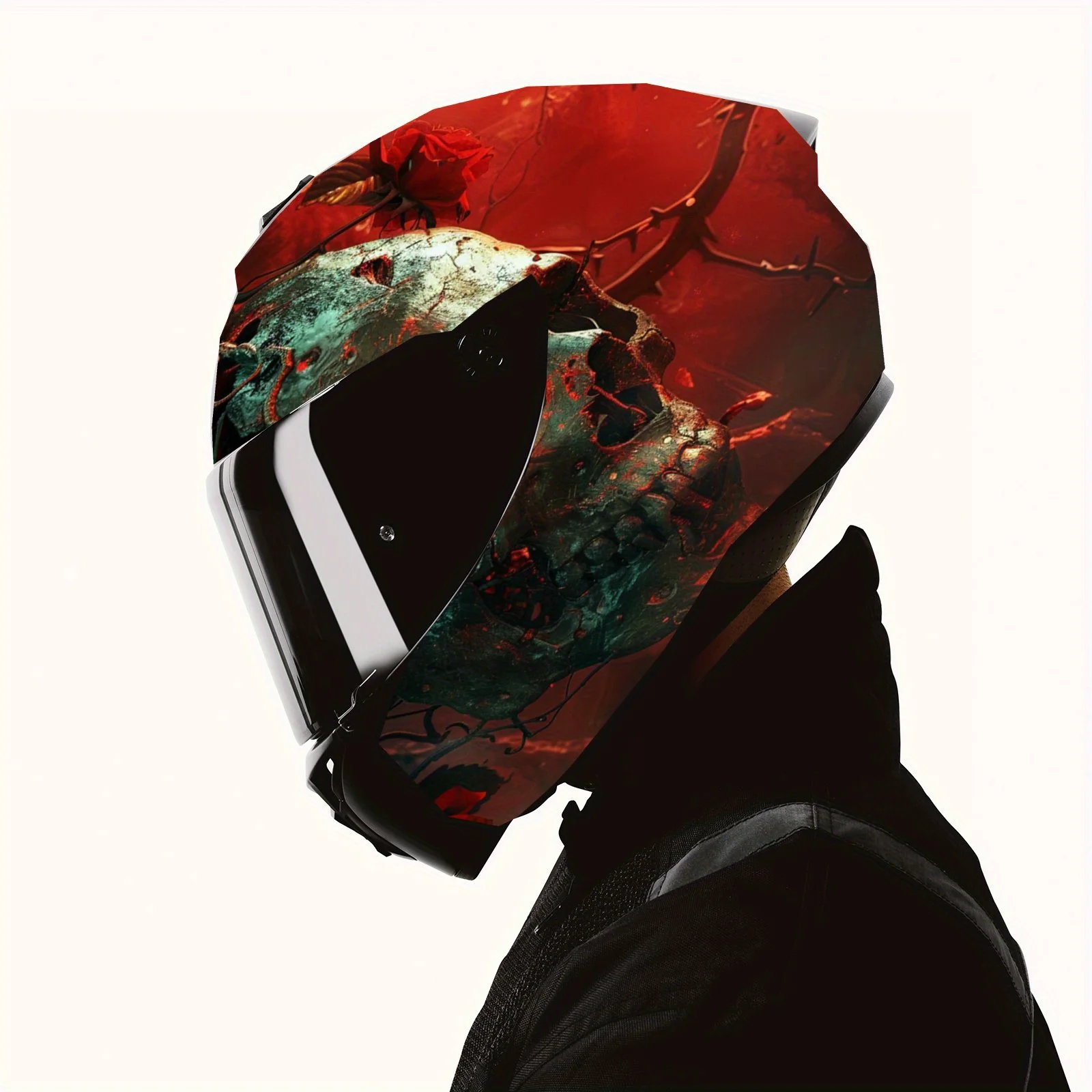 Fascinating theme graphic of mechanical skull against a blood-red background, motorcycle helmet sticker - durable PVC; aesthetic