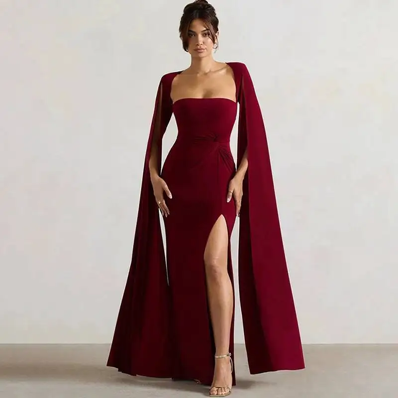 

Elegant Party Evening Dresses Women Sexy High Side Split Square Neck Maxi Solid Mopping Long Sleeved Temperament Dress