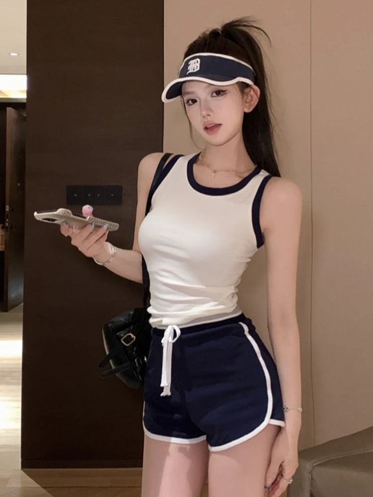 

Casual Girl Pure Desire Collision Color round Neck Sleeveless Vest Top Durable Drawstring Shorts Sporty Two Piece Set