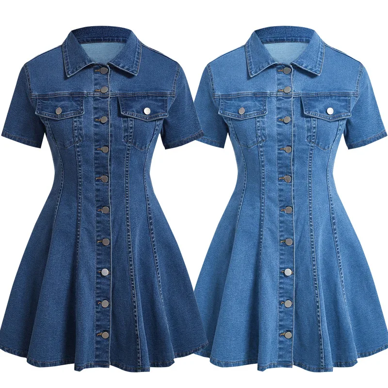 

Women Denim Dresses Solid Pleated Dress A Line Turndown Collar Mini Lenth Short Sleeves Single Breasted Slim Casual 2026 Summer
