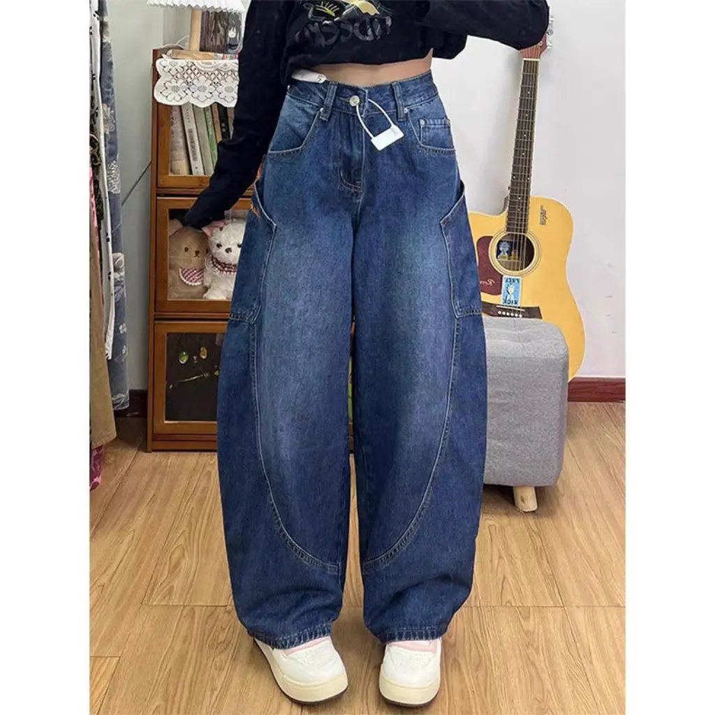 

Черные джинсовые серповые брюки для женщин, свободные широкие брюки с вышивкой Scimitar, универсальный стиль пикапа, стираная отделка