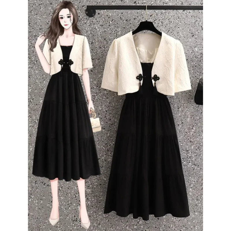 Large Size Chinese Style Suit for Women\'s 2024 Summer New Chinese Style Button Up Short Top with Suspender Skirt Two-piece Set