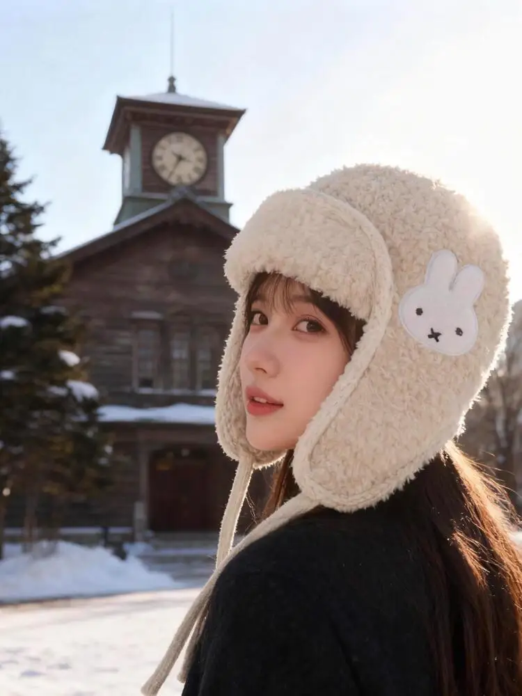 

Милая плюшевая летная кепка Miffy, женская зимняя ветрозащитная защитная кепка для ушей, кепка Lei Feng, теплая и морозостойкая кепка для езды на велосипеде