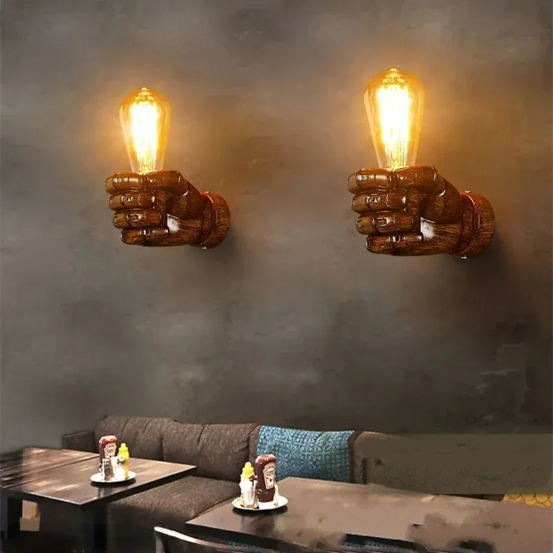 Led Vintage Wood Hand Model Wall Lamps American Loft Foyer Resin Lights for Restaurant Study Dining Room Bar Coffee Shop Lights