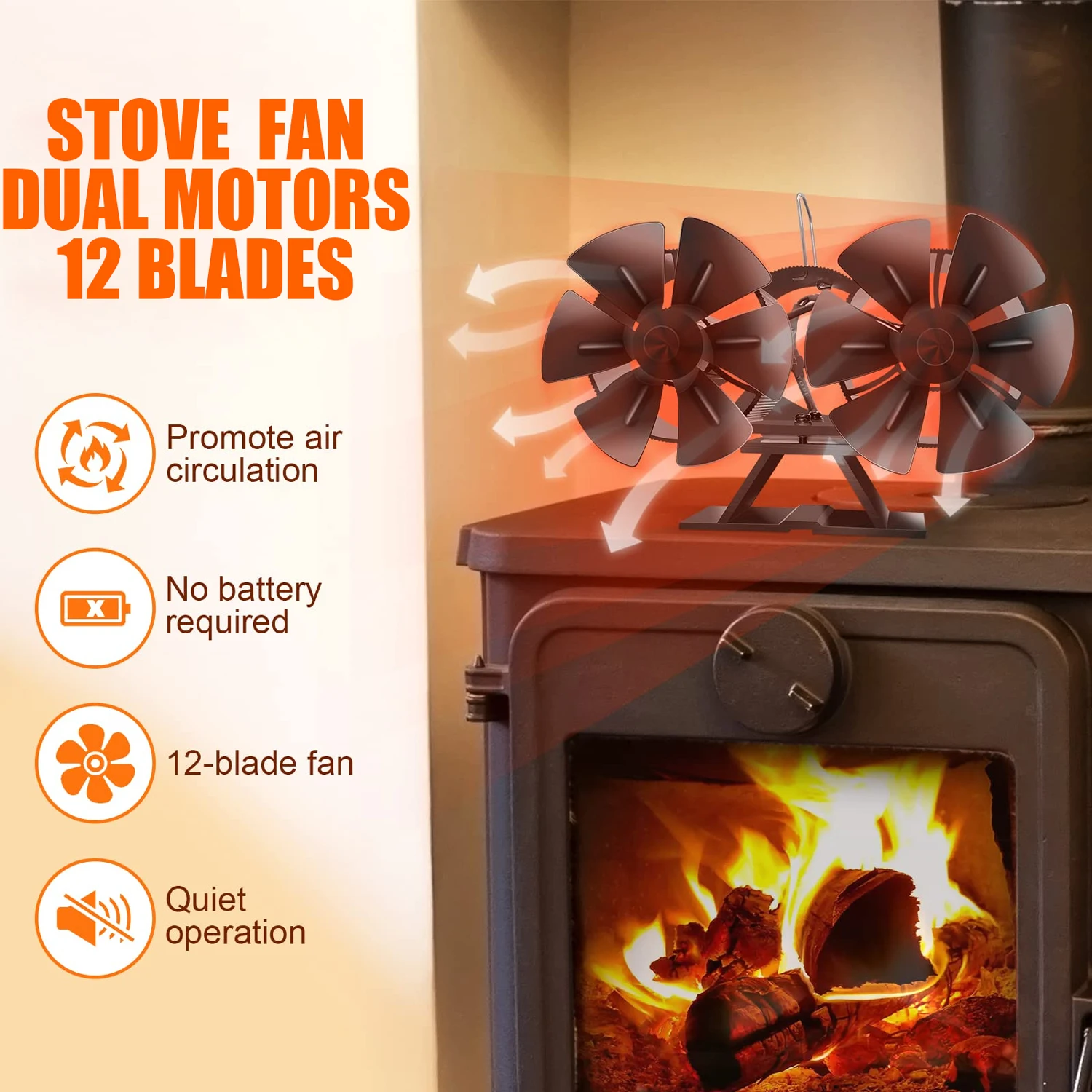 Black Double Headeds 12 Blades Heating fan Fireplace Fan Log Wood Burner Heat Powered Eco Silent Portable Stove Fan No Battery