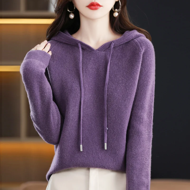 High Quality Cashmere Hoodie Women Loose Hooded Knitted Thick Cashmere Sweater Women