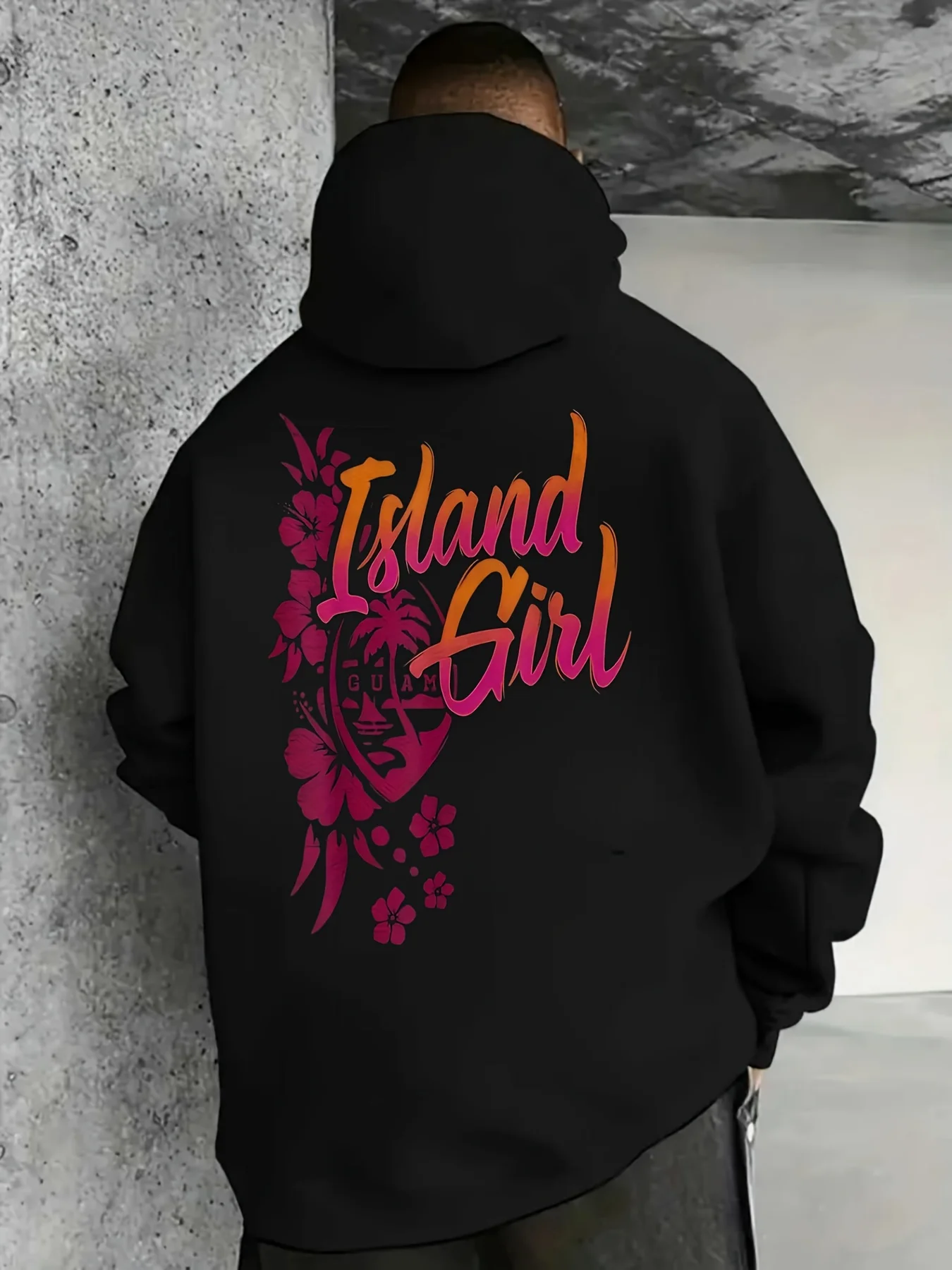 Tropical island men's hooded sweatshirt with gradient font, Hibiscus palm tree print, beachy natural art hooded sweatshirt