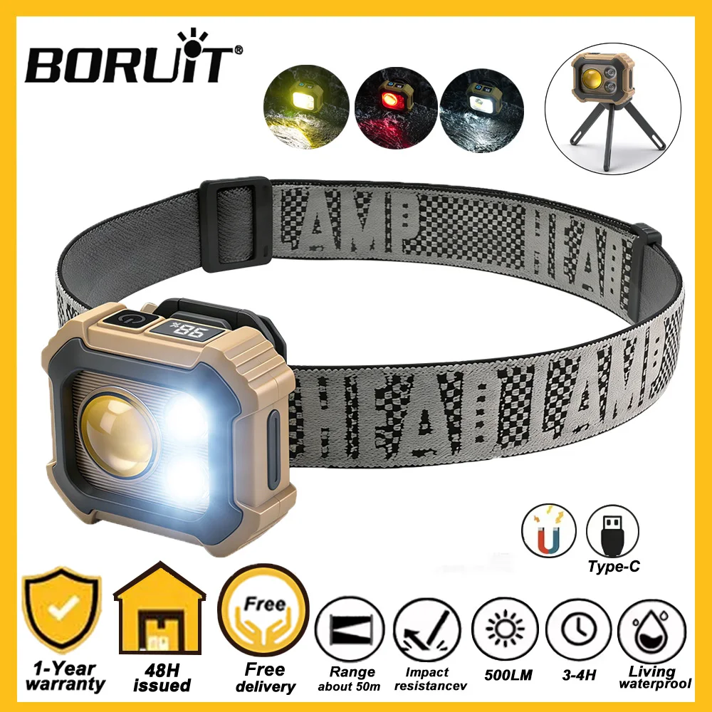 

Светодиодный налобный фонарь BORUiT 500LM, многофункциональный, перезаряжаемый через Type-C, портативный рабочий фонарь с креплением для кемпинга, рыбалки и активного отдыха на природе