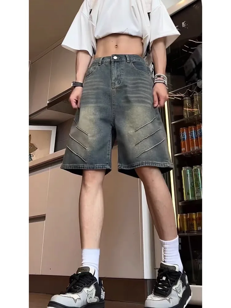 

Black Grey Denim Pleated Loose Men's Short Pants Summer Workwear Five-Point Slimming American Style Semi-Leggings