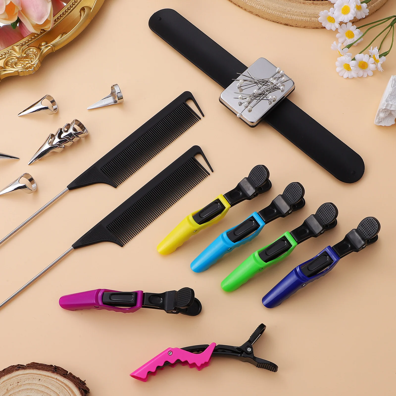 

1Set Hair Sectioning Tools Set with Pointed Comb Sectioning Rings Styling Pins Efficient Haircut Coloring Cutting Salon Supplies