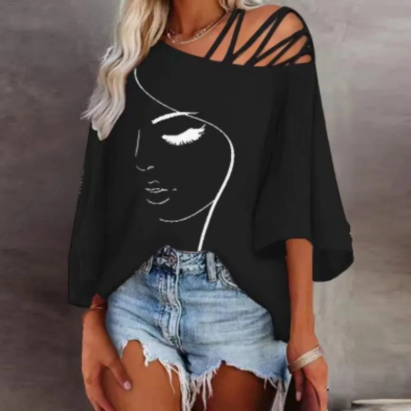 Women\'s Fashion Tees Casual Top 2023 Summer Print Hollow Out Female Sexy Loose T-shirt S-XXL